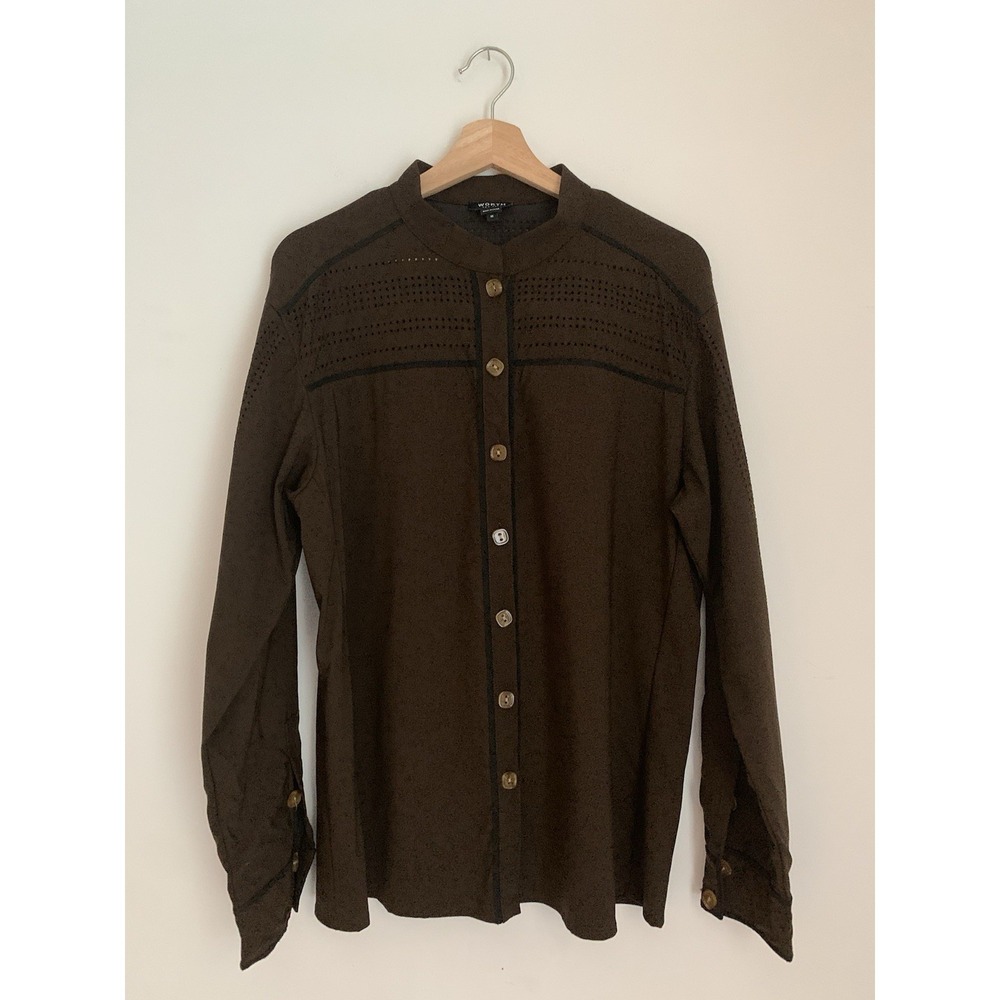 Worth New York Top Tunic Sz M Brown Perforated Tortoise Button Wool Lightweight